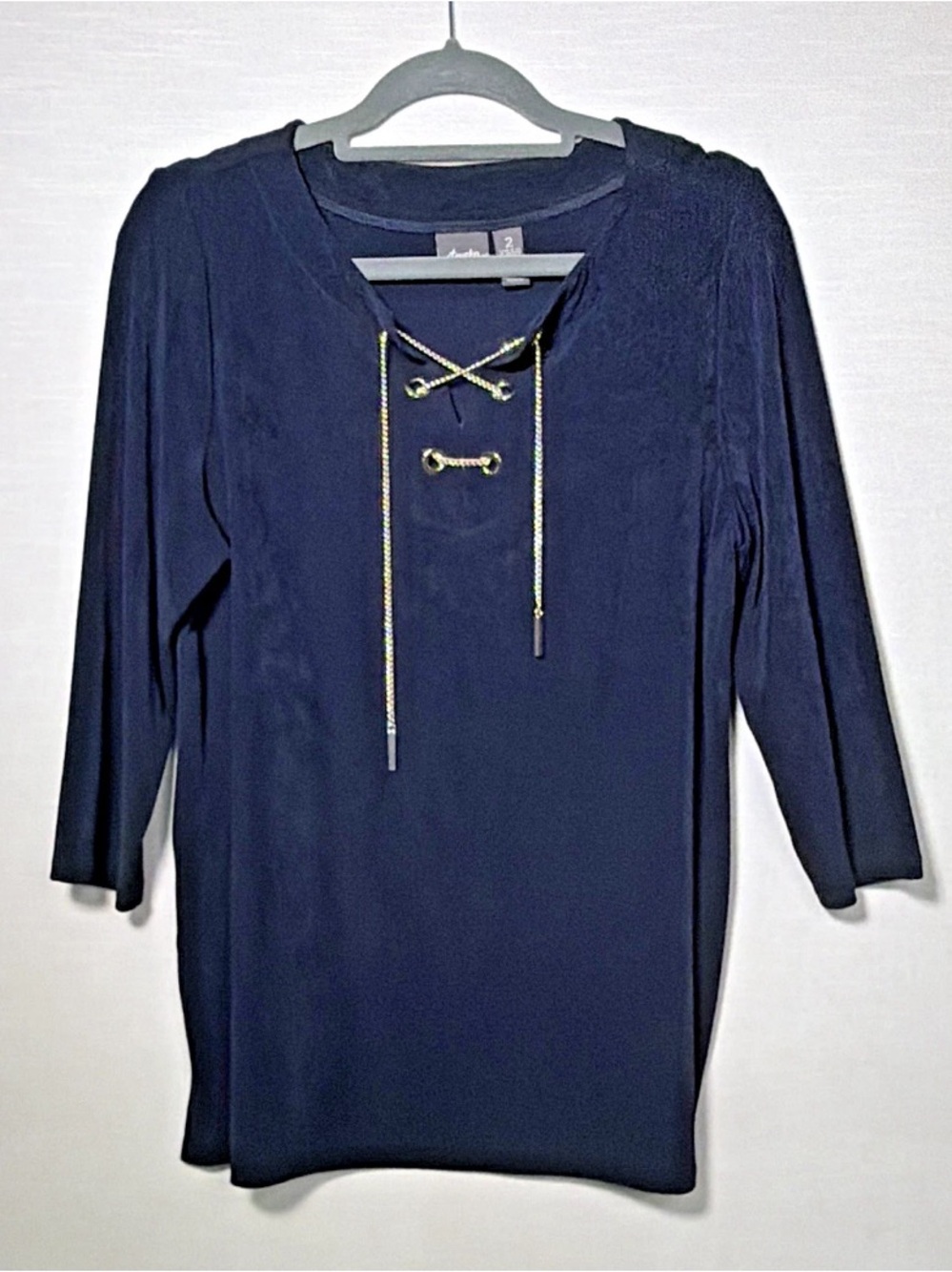 Chico's Travelers Dark Blue 3/4 Sleeve Round Neck Tunic Chain Grommet Size 2/L